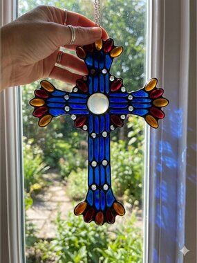 Vintage Blue Stained Glass Wall Cross Suncatcher